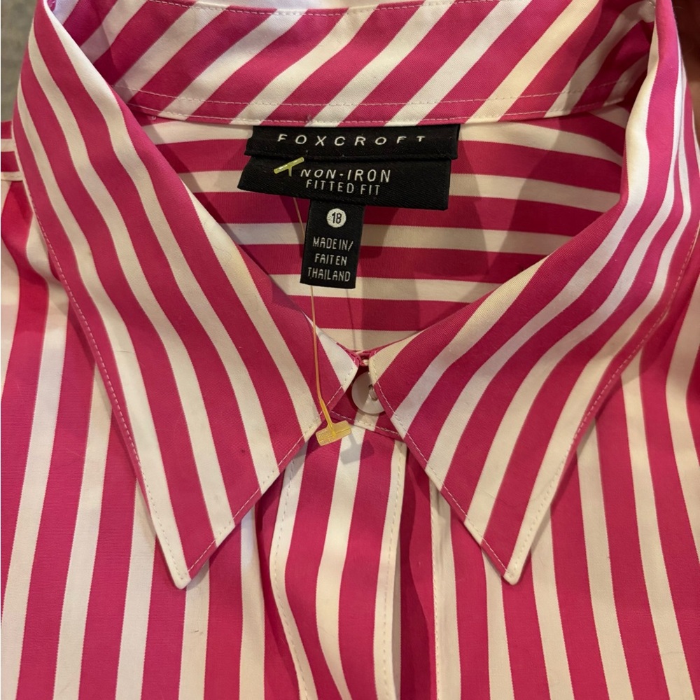 66. Foxcroft Women's Pink and White Striped Fitted Button Down Shirt - Picture 3 of 8